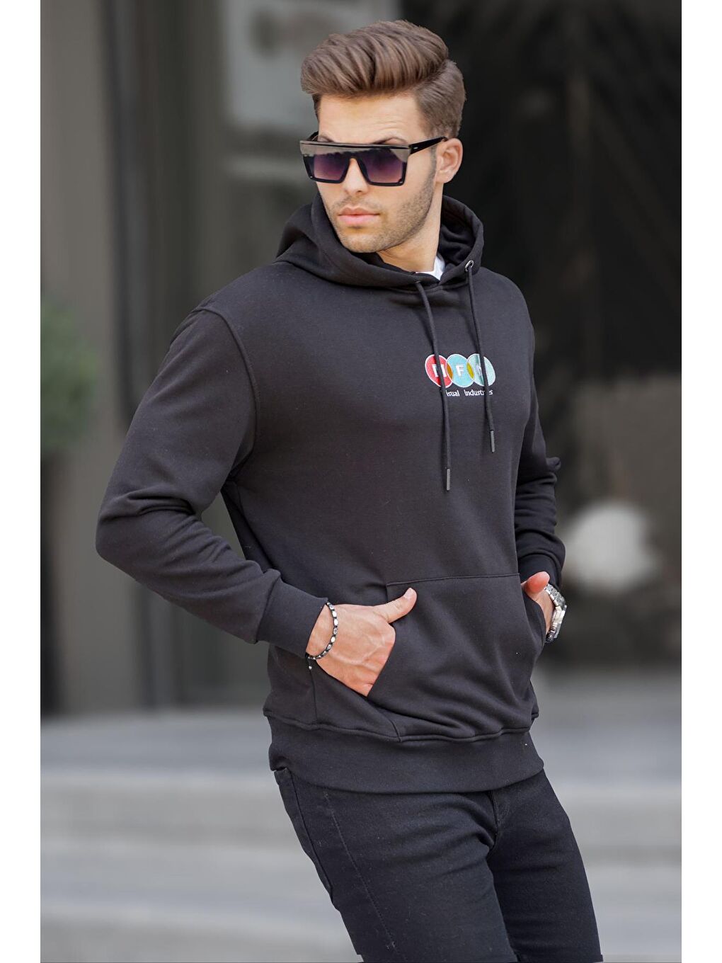 Madmext Siyah Kapüşonlu Nakışlı Erkek Sweatshirt 6145