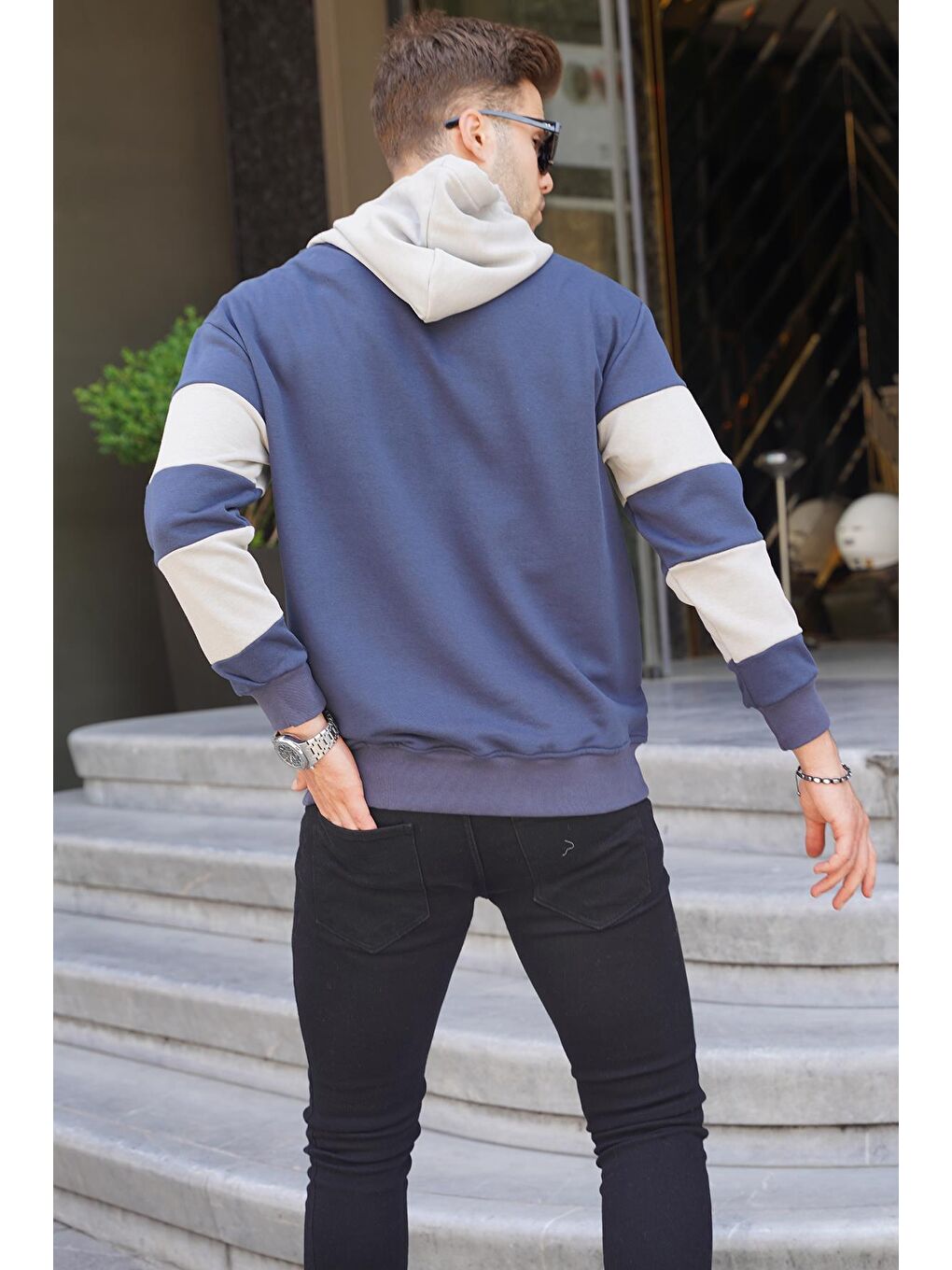 Lacivert Kapüşonlu Çizgili  Erkek Hoodie 6144-1