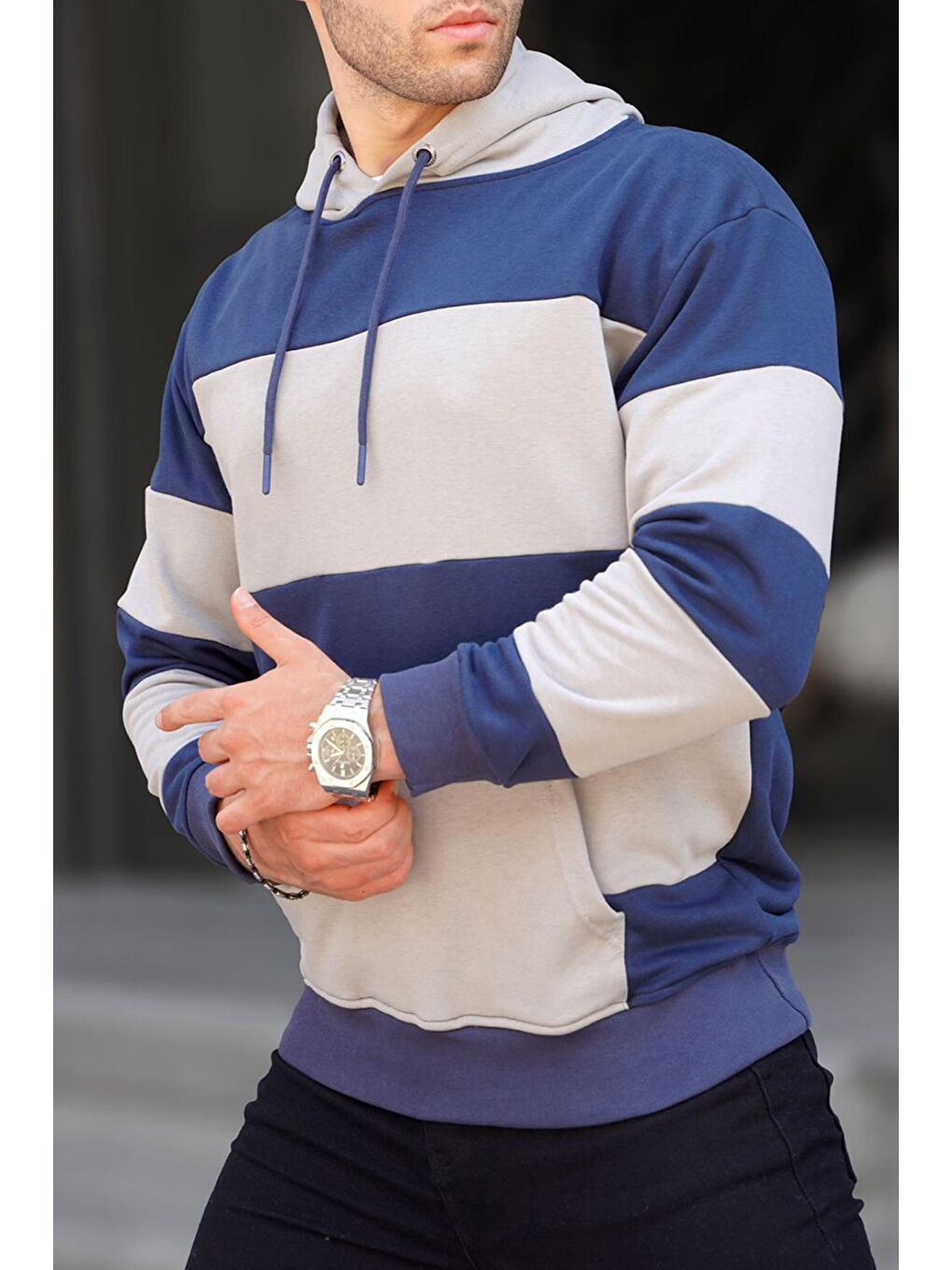 Lacivert Kapüşonlu Çizgili  Erkek Hoodie 6144-2