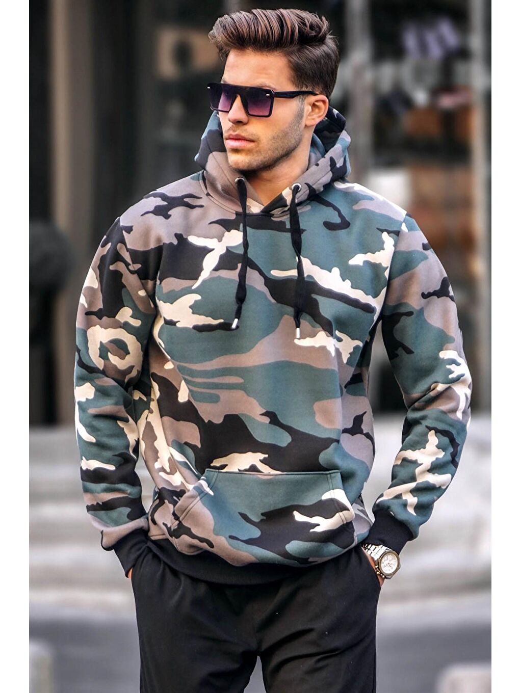 Yeşil Kamuflaj Kapüşonlu Erkek Sweatshirt 5339