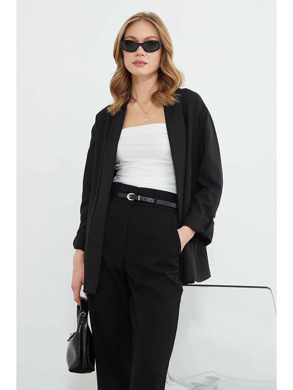 Siyah Kolu Katlamalı Şal Yaka Relax Fit Blazer Ceket-4