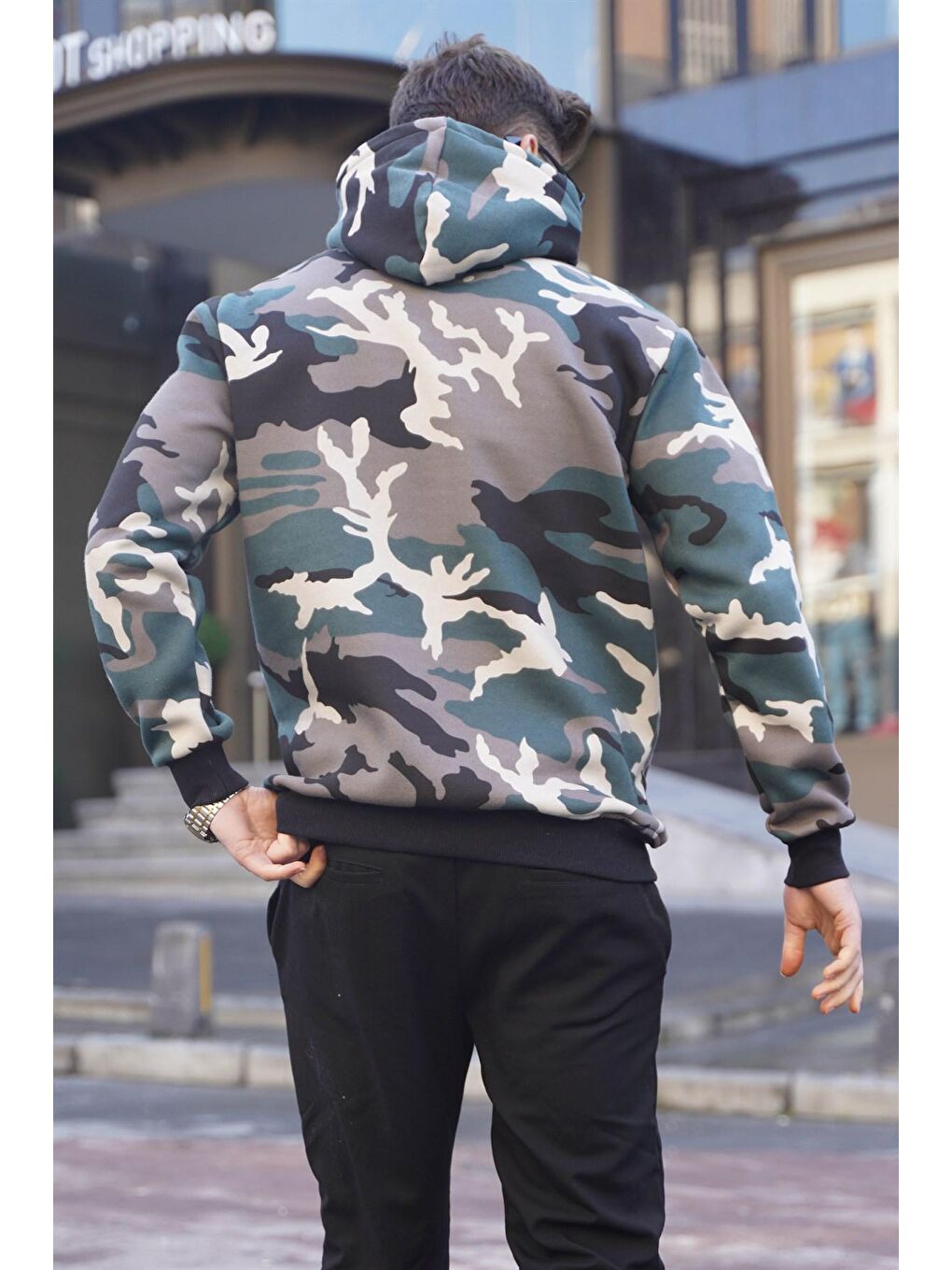 Yeşil Kamuflaj Kapüşonlu Erkek Sweatshirt 5339-1