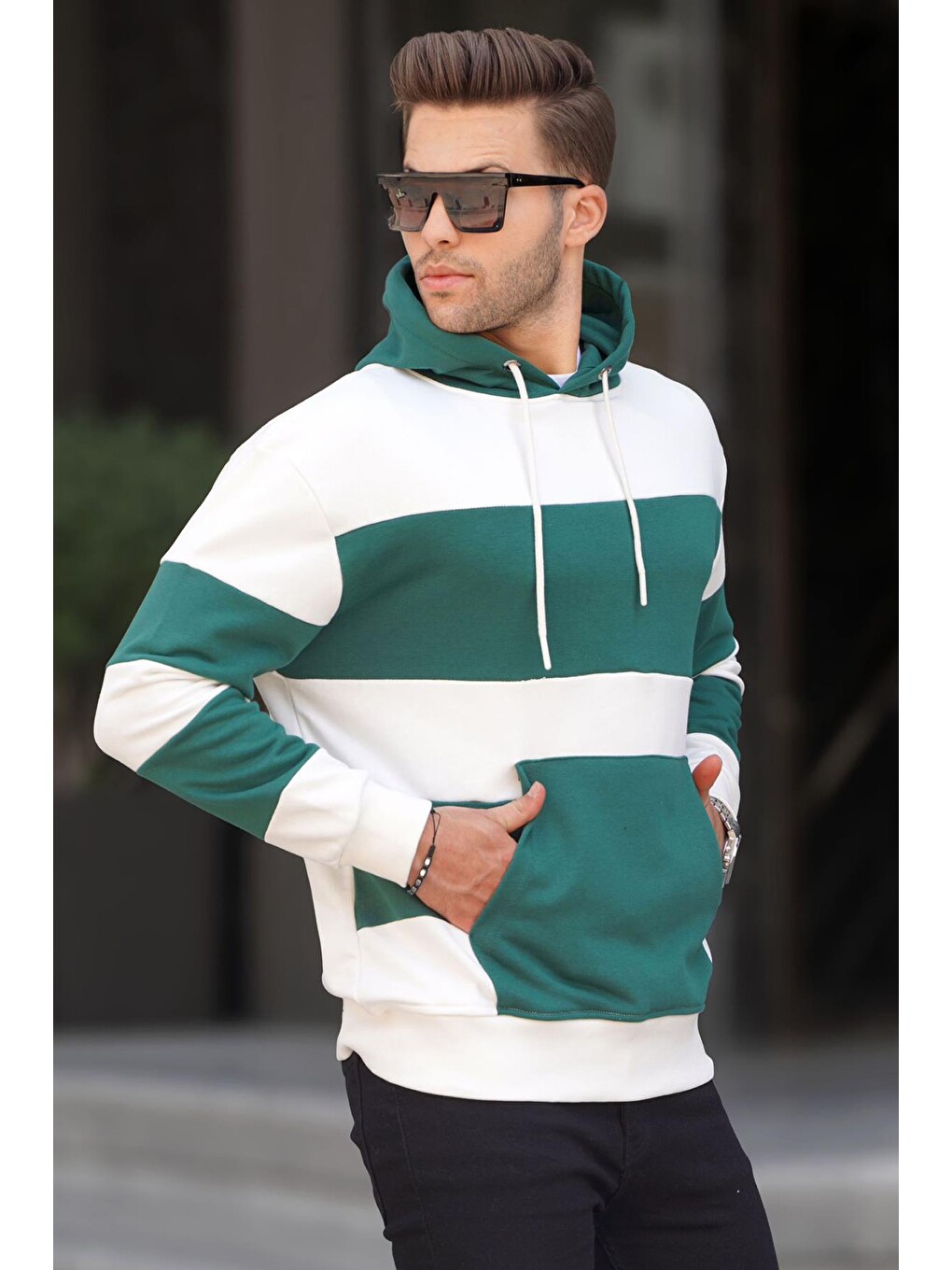 Ekru Kapüşonlu Çizgili Erkek Sweatshirt 6144