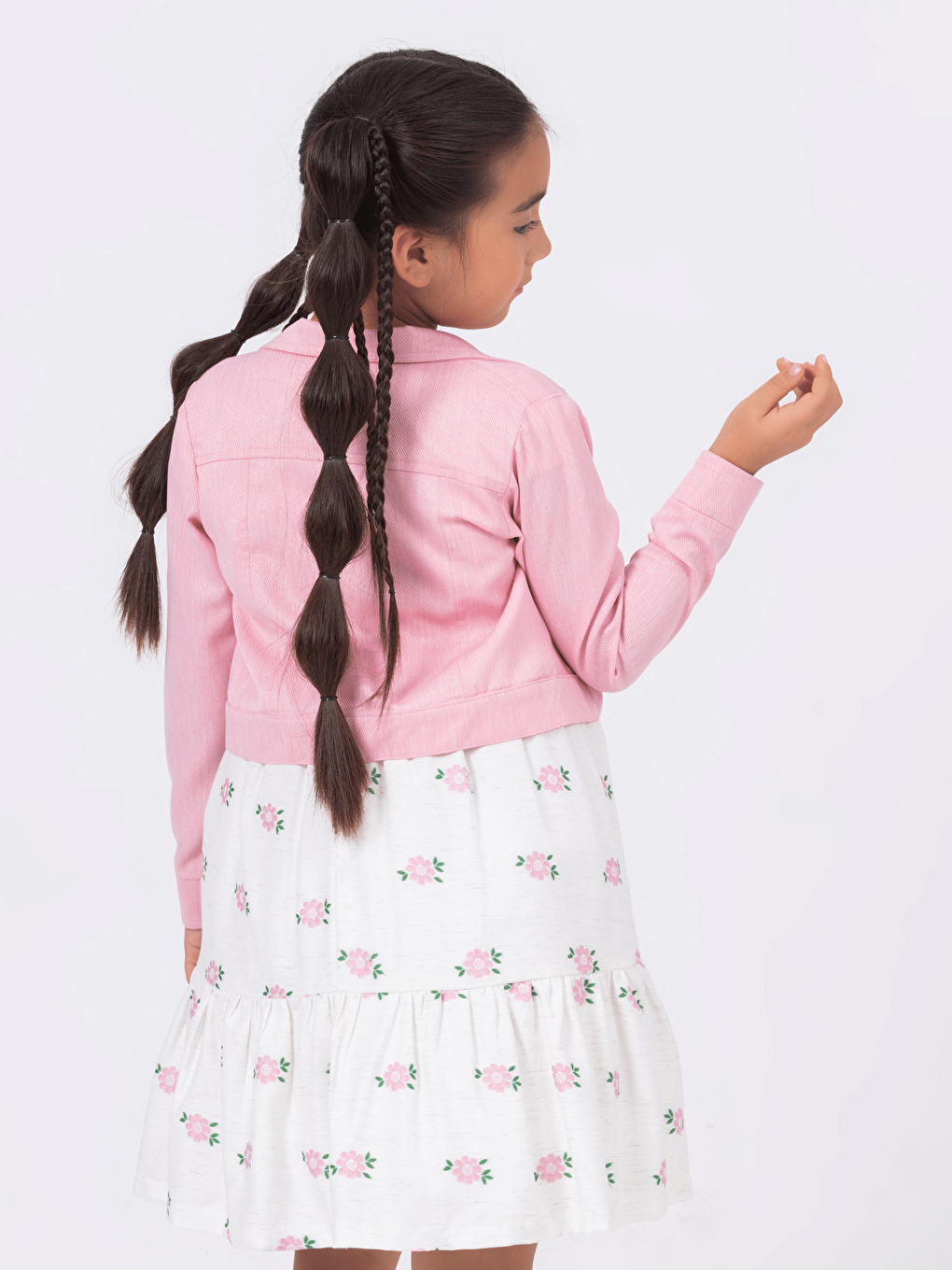 Pembe Bisiklet Yaka Kısa Kollu Kız Çocuk Elbise ve Ceket-2
