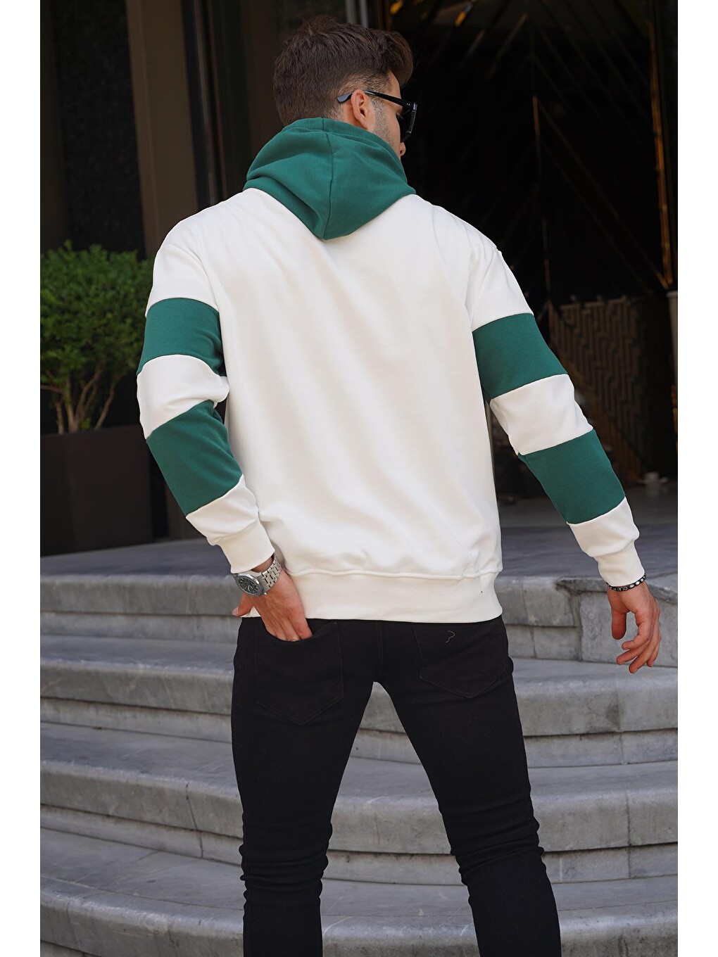 Ekru Kapüşonlu Çizgili Erkek Sweatshirt 6144-1