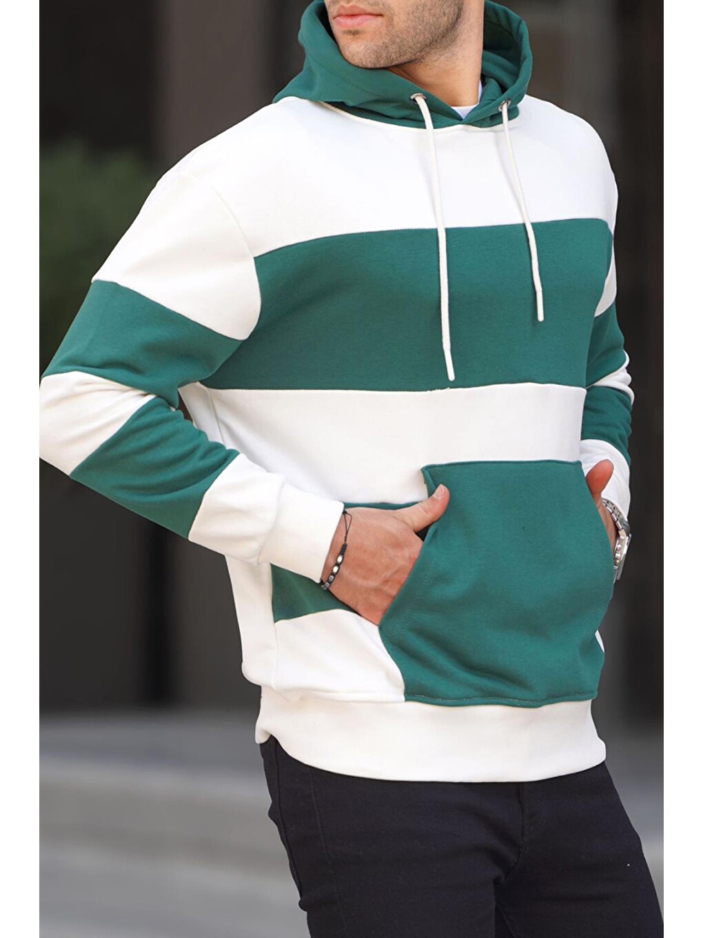Ekru Kapüşonlu Çizgili Erkek Sweatshirt 6144-2
