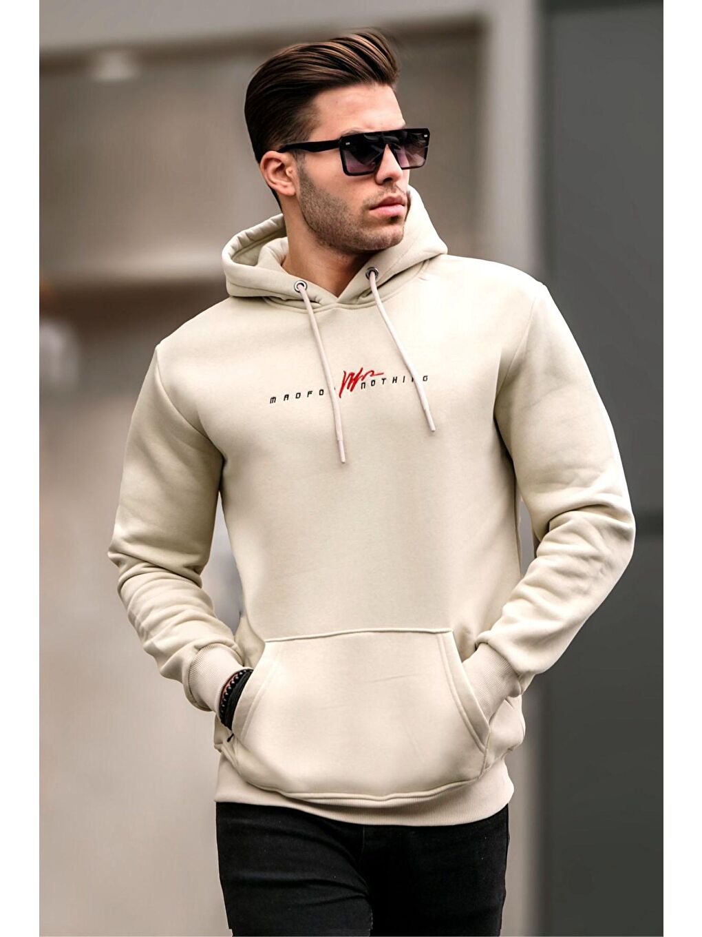 Madmext Bej Basic Kapüşonlu Sweatshirt 6002