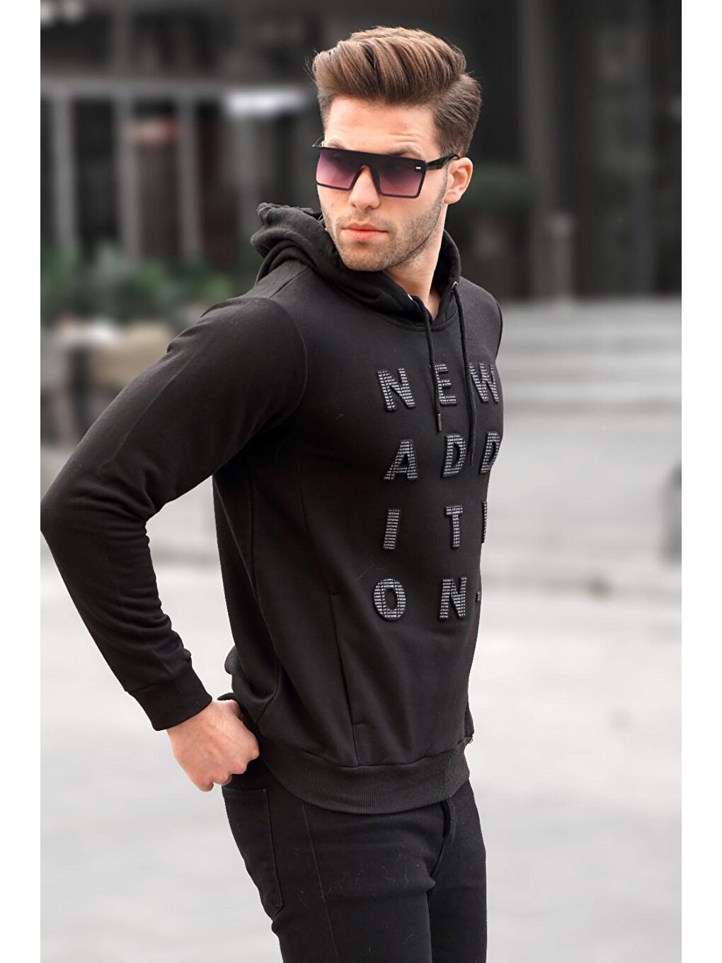 Siyah Kabartmalı Kapüşonlu Erkek Sweatshirt 2789