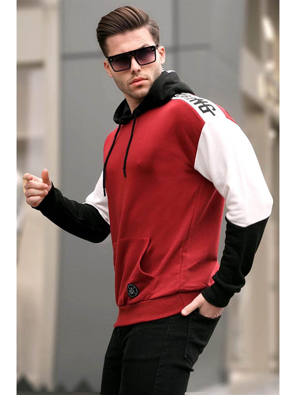 Kırmızı Kol Detaylı kapüşonlu Erkek Sweatshirt 2755