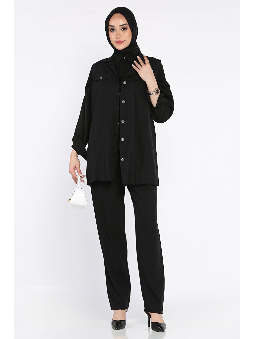Siyah Tesettür Gabardin Yelek Pantolon İkili Takım-1