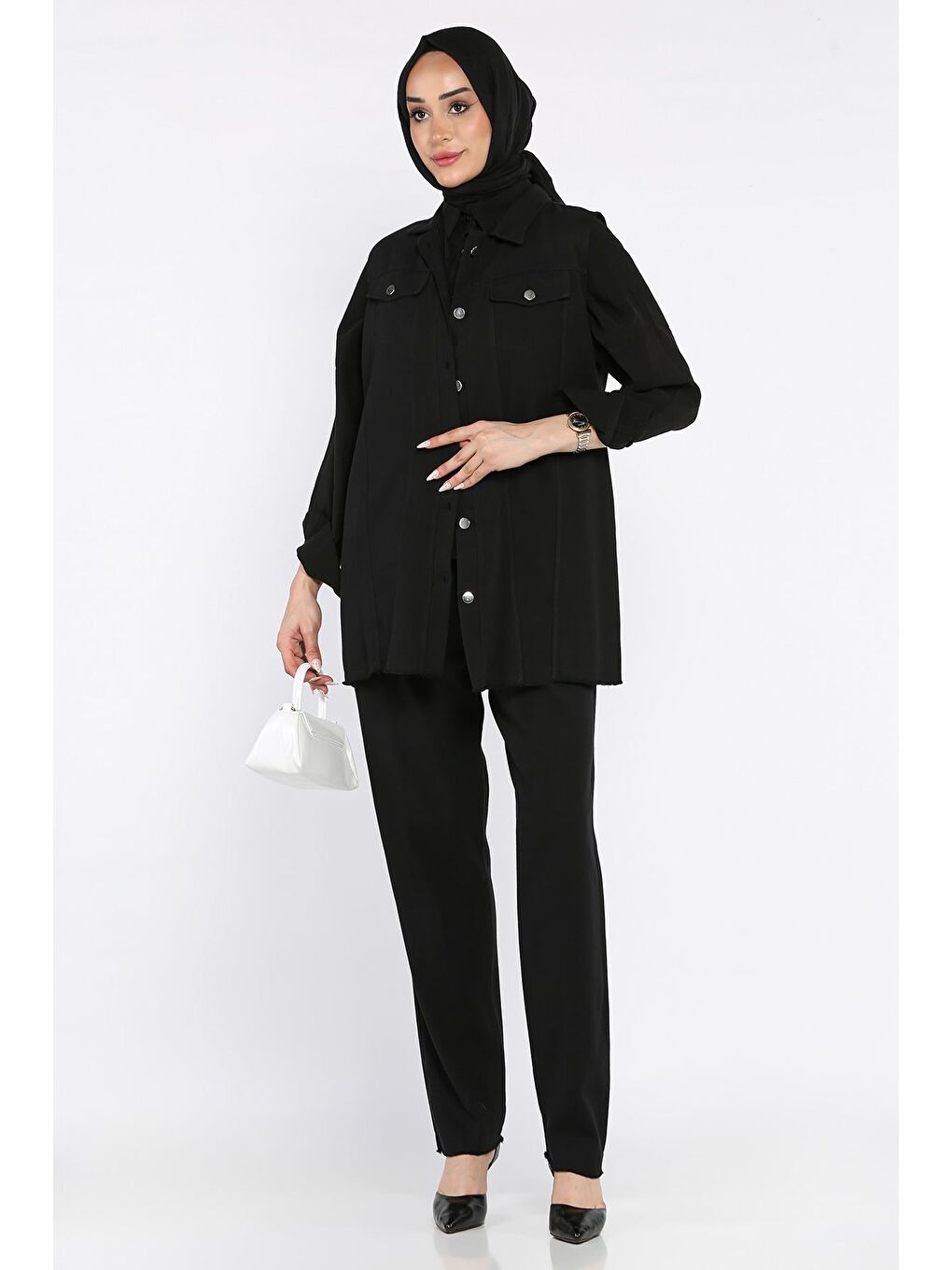 Siyah Tesettür Gabardin Yelek Pantolon İkili Takım-3