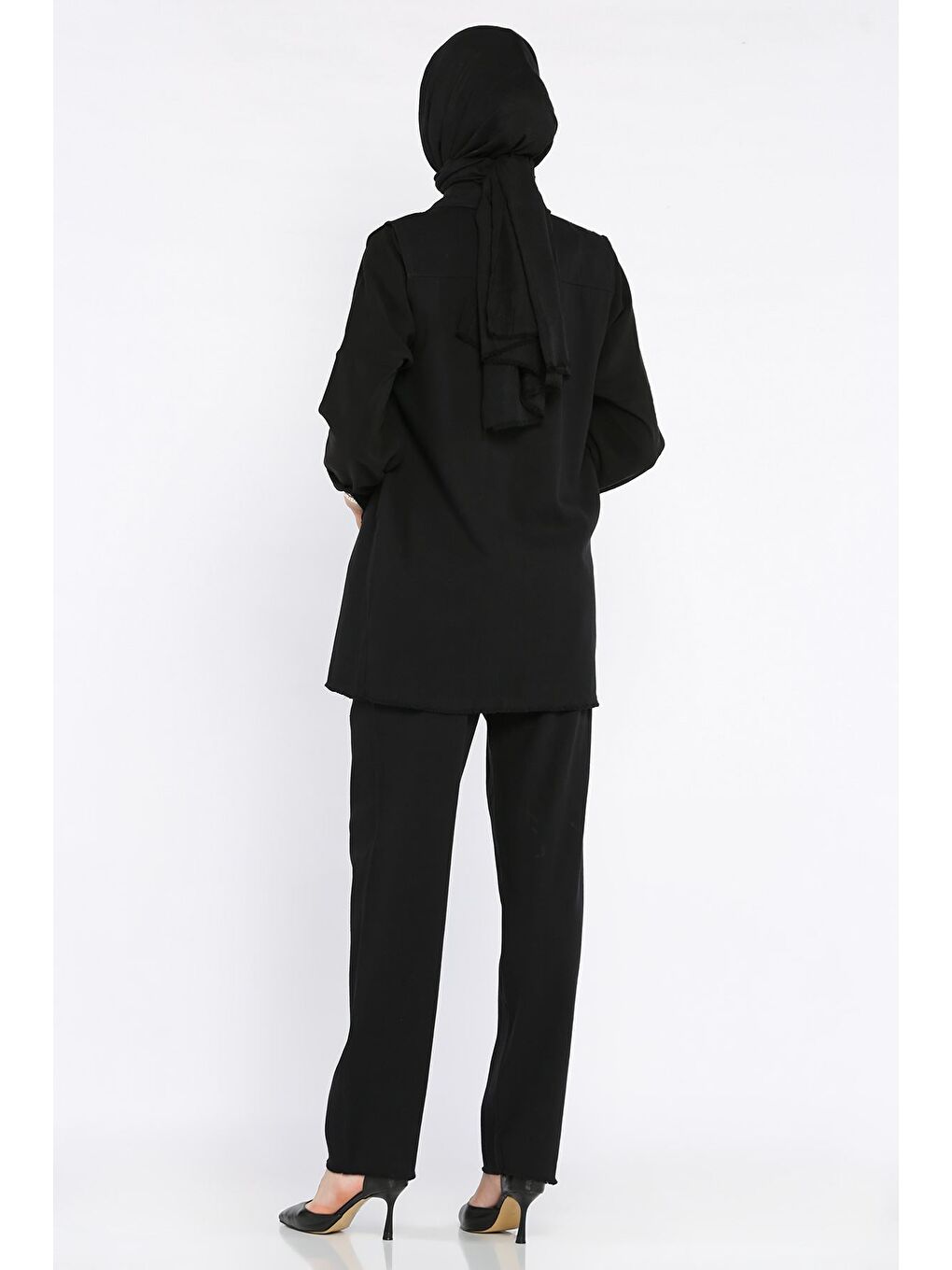 Siyah Tesettür Gabardin Yelek Pantolon İkili Takım-5