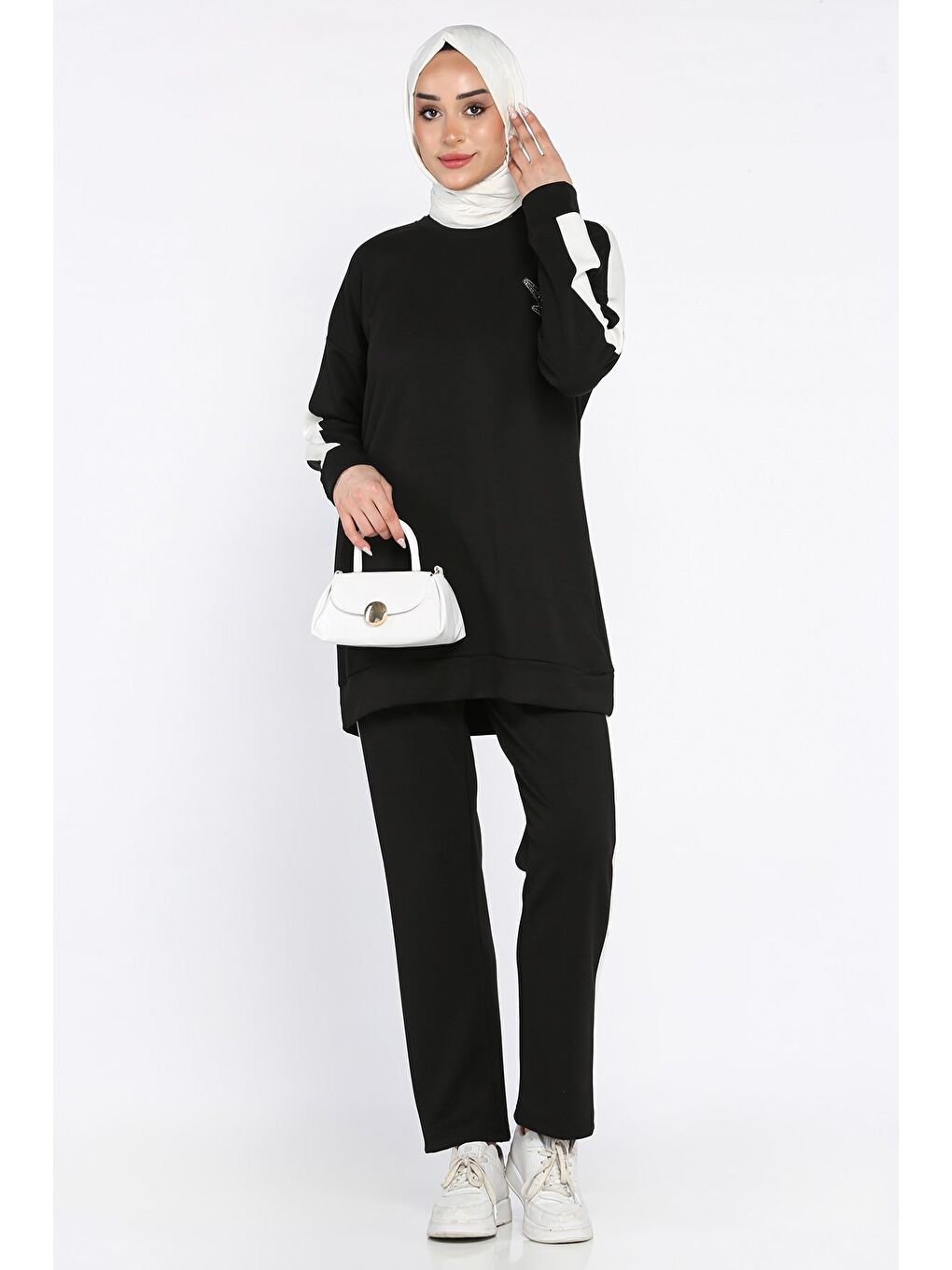 Siyah Büyük Beden Renk Garnili Taş İşlemeli Tunik Pantolon Tesettür İkili Takım-1