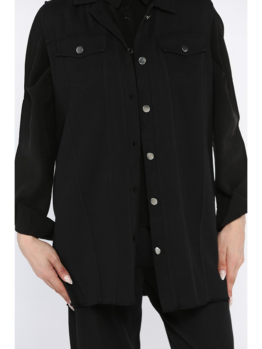 Siyah Tesettür Gabardin Yelek Pantolon İkili Takım-7