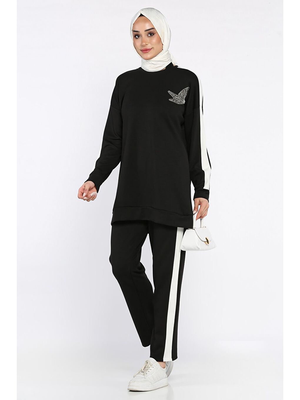 Siyah Büyük Beden Renk Garnili Taş İşlemeli Tunik Pantolon Tesettür İkili Takım-3