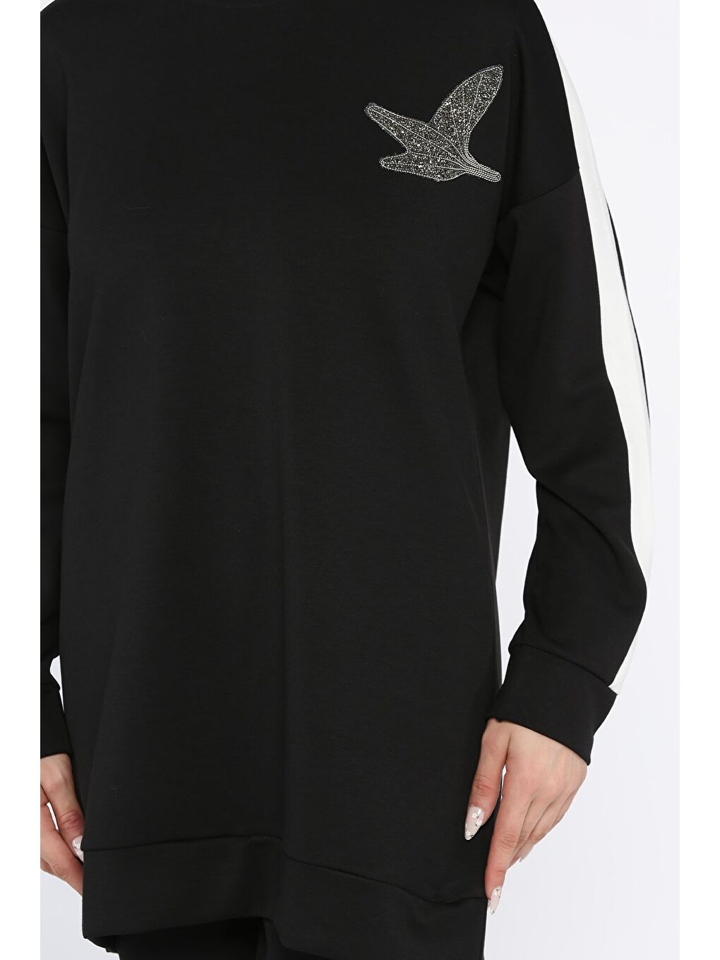 Siyah Büyük Beden Renk Garnili Taş İşlemeli Tunik Pantolon Tesettür İkili Takım-7