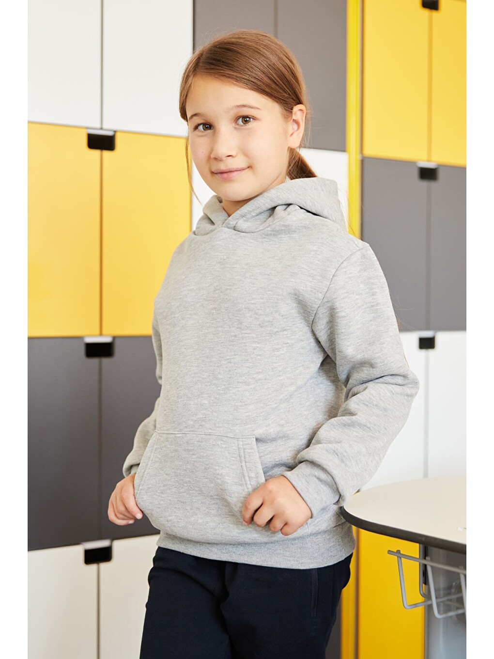 Gri 3 İplik Kanguru Cepli Kapüşonlu Erkek Çocuk Sweatshirt-1
