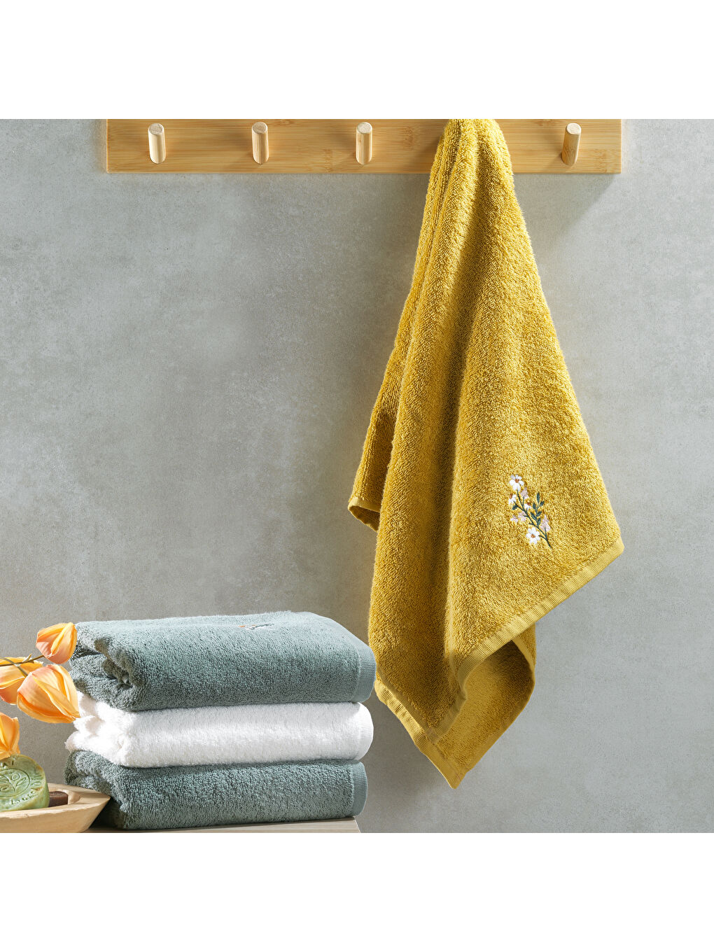 Sarı Home Daisy Nakışlı Havlu 50x90 Cm-Hardal