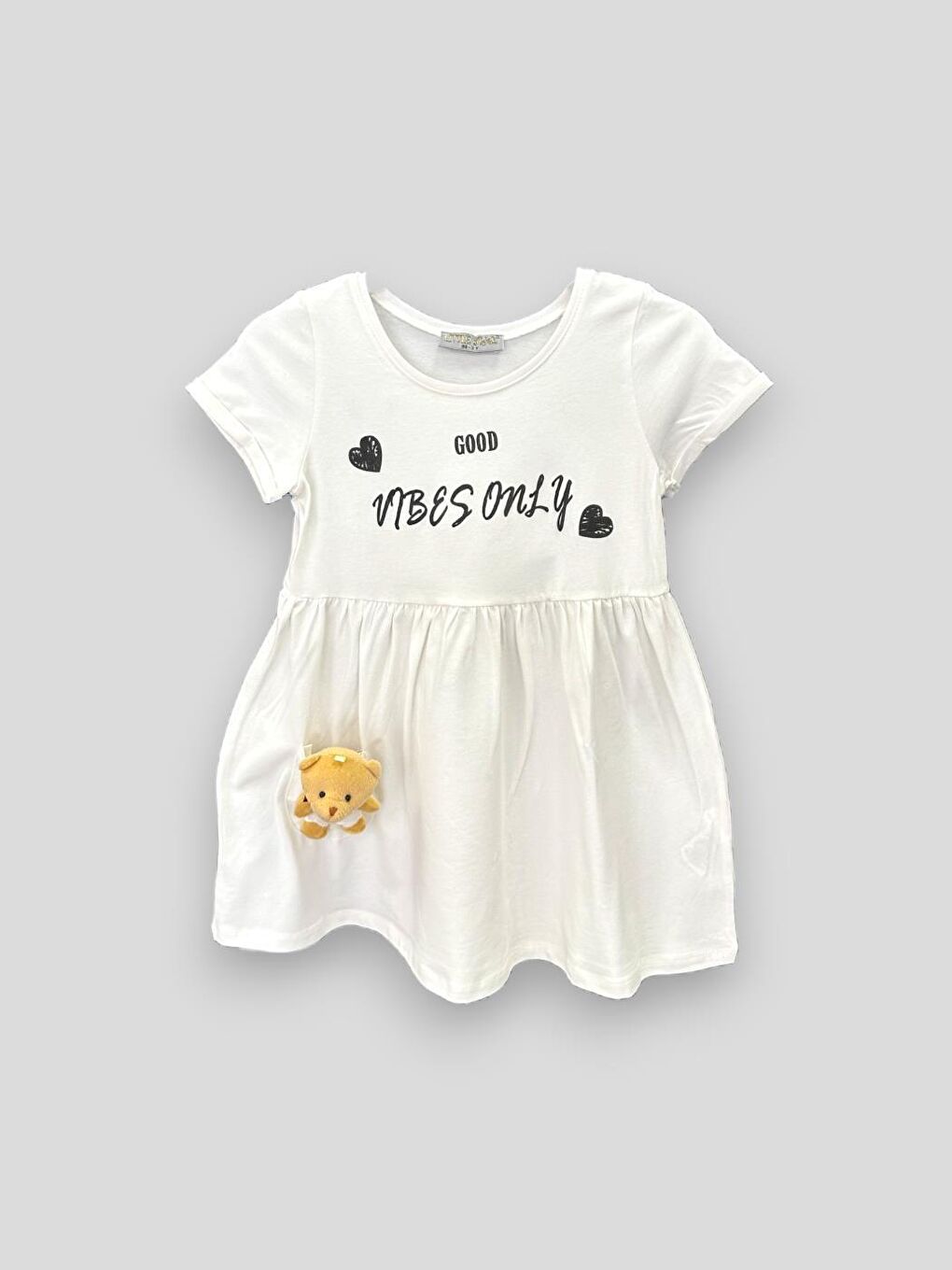Ekru Kız Çocuk Vibes Only Ayıcıklı Elbise