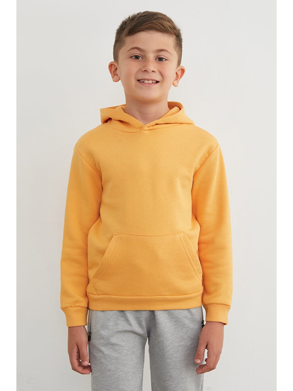 Sarı 3 İplik Kanguru Cepli Kapüşonlu Erkek Çocuk Sweatshirt