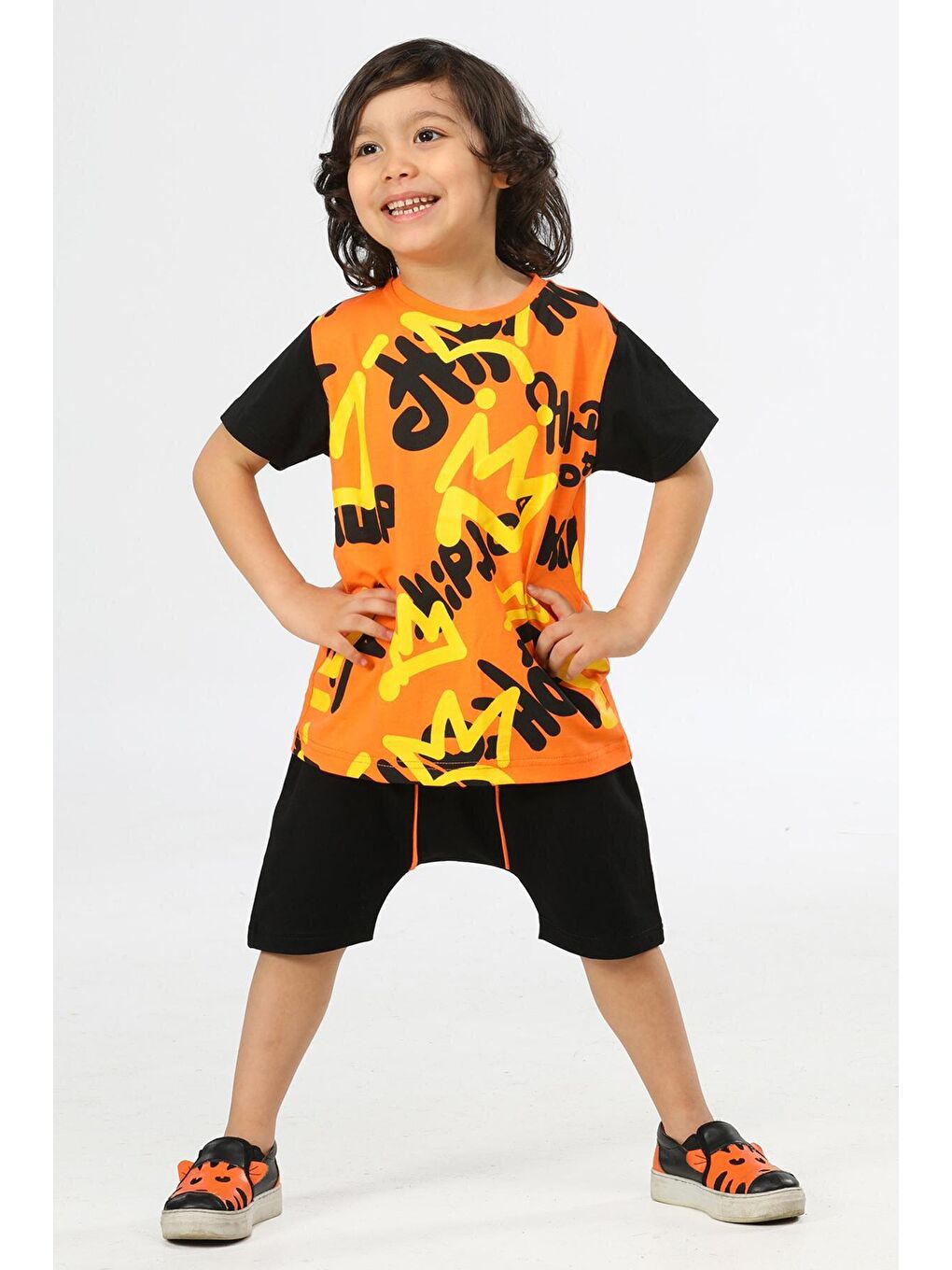 LupiaKids Turuncu-Beyaz Hip Hop Orange Şort Takım