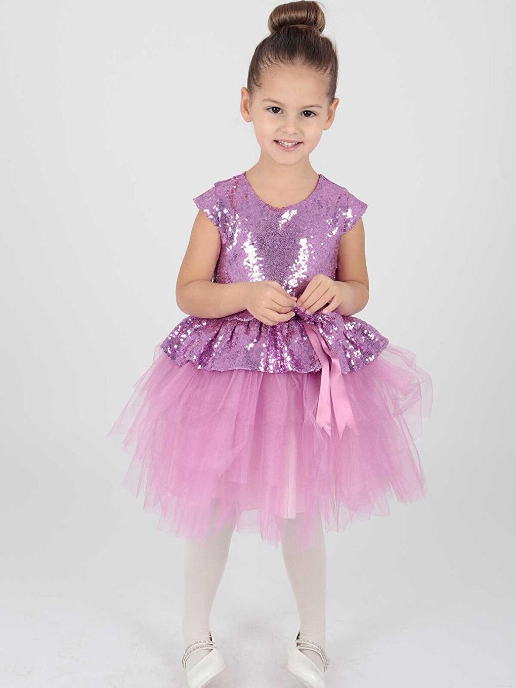 Lila Kız Çocuk Pul Payetli Trend Abiye Elbise-1