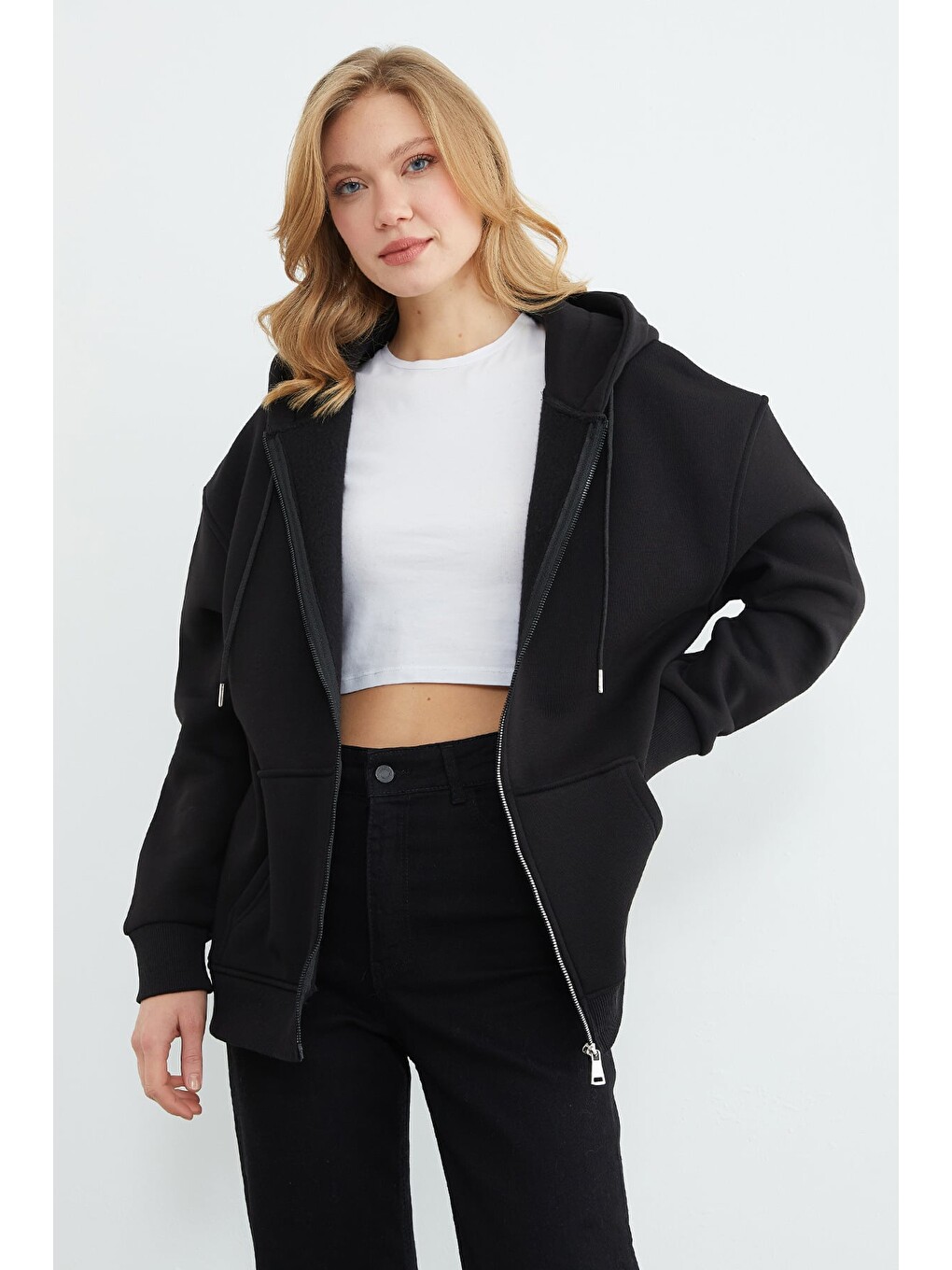 Siyah 3 İplik Basic Fermuarlı Kapüşonlu Oversize Sweatshirt Hoodie