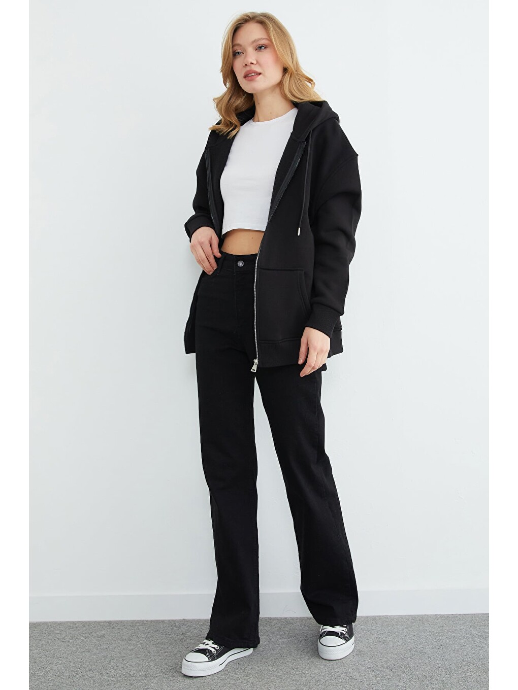 Siyah 3 İplik Basic Fermuarlı Kapüşonlu Oversize Sweatshirt Hoodie-2