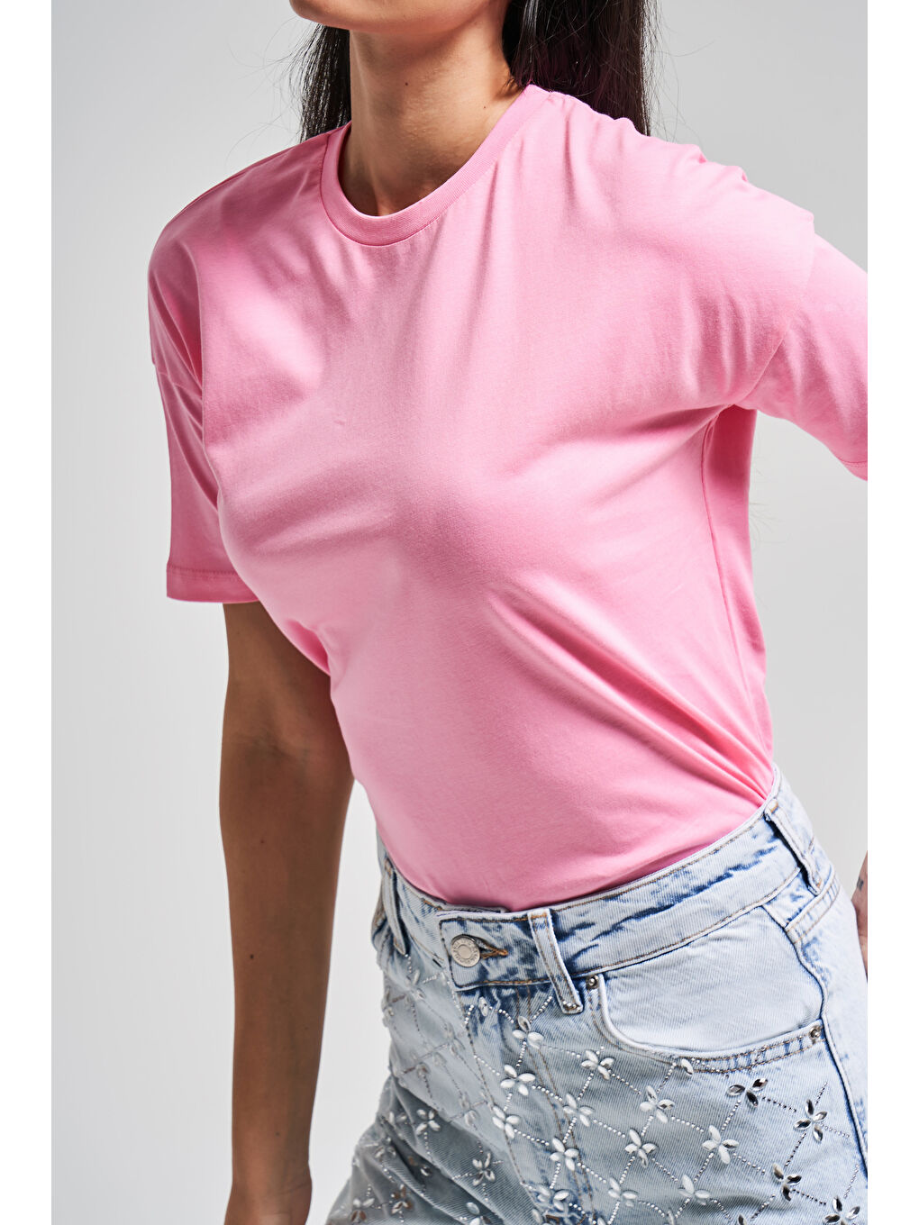 Kadın Pembe Renk S5-115 Bisiklet Yaka Basic T-Shirt