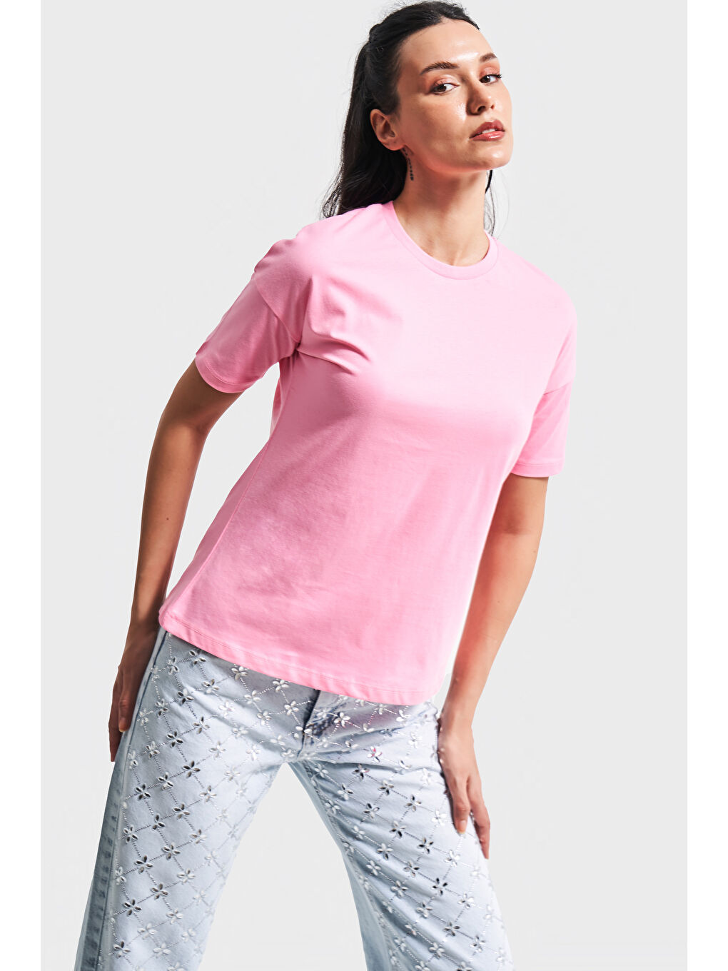 Kadın Pembe Renk S5-115 Bisiklet Yaka Basic T-Shirt-1