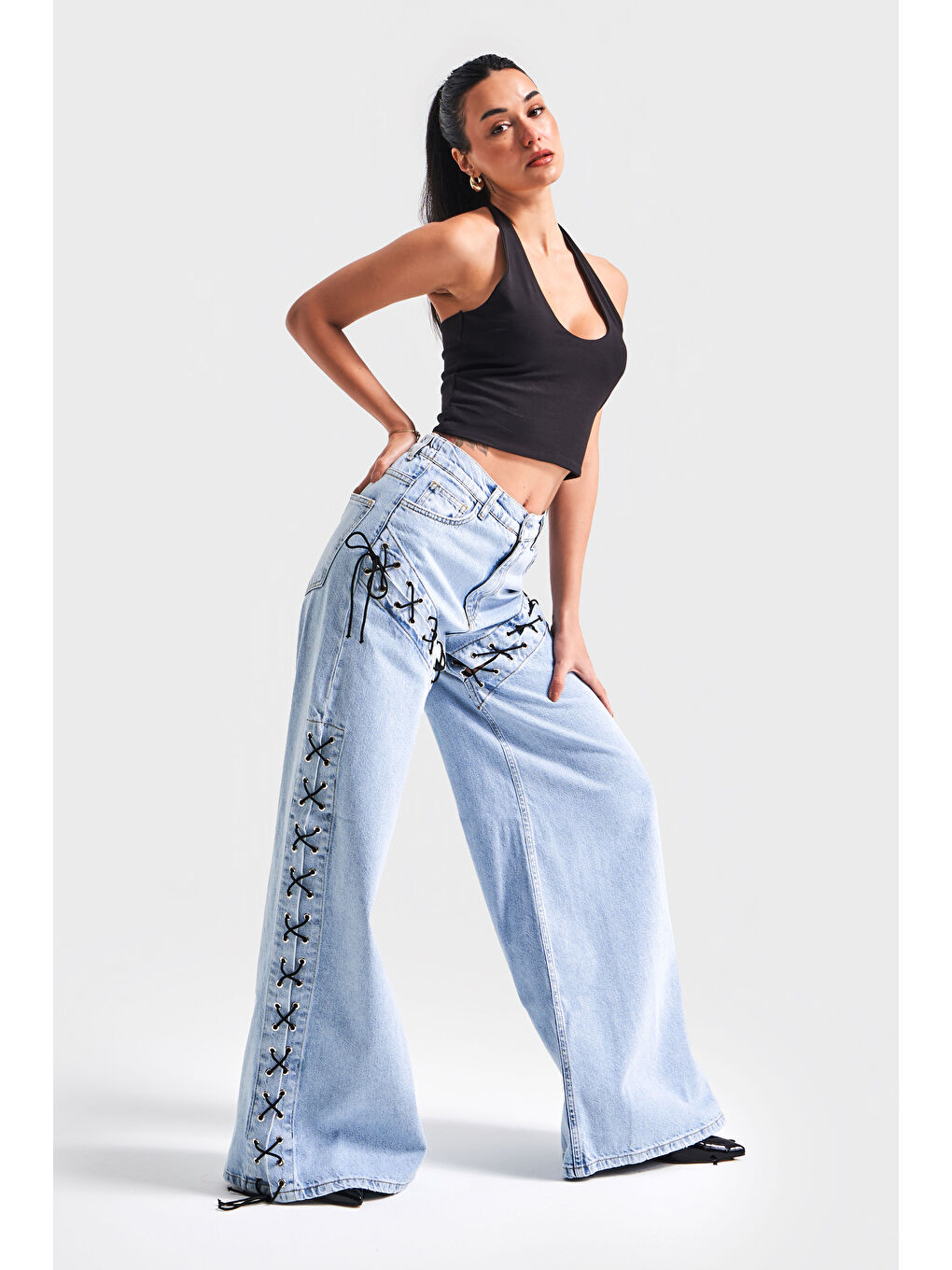 Mavi Kadın Jean Rengi Süper Palazzo Fit Kuş Gözü Detaylı  100 Pamuk Tasarım Denim Jean-1