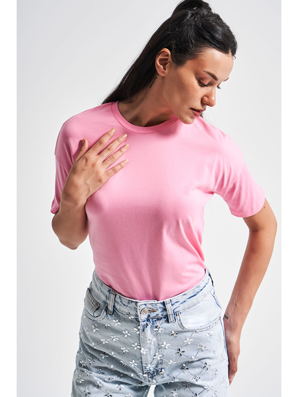 Kadın Pembe Renk S5-115 Bisiklet Yaka Basic T-Shirt-2