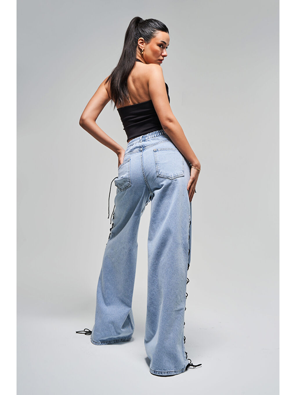 Mavi Kadın Jean Rengi Süper Palazzo Fit Kuş Gözü Detaylı  100 Pamuk Tasarım Denim Jean-2