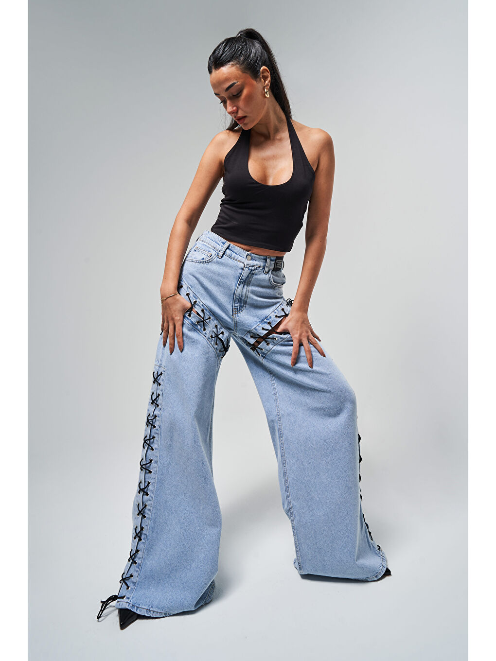 Mavi Kadın Jean Rengi Süper Palazzo Fit Kuş Gözü Detaylı  100 Pamuk Tasarım Denim Jean-3