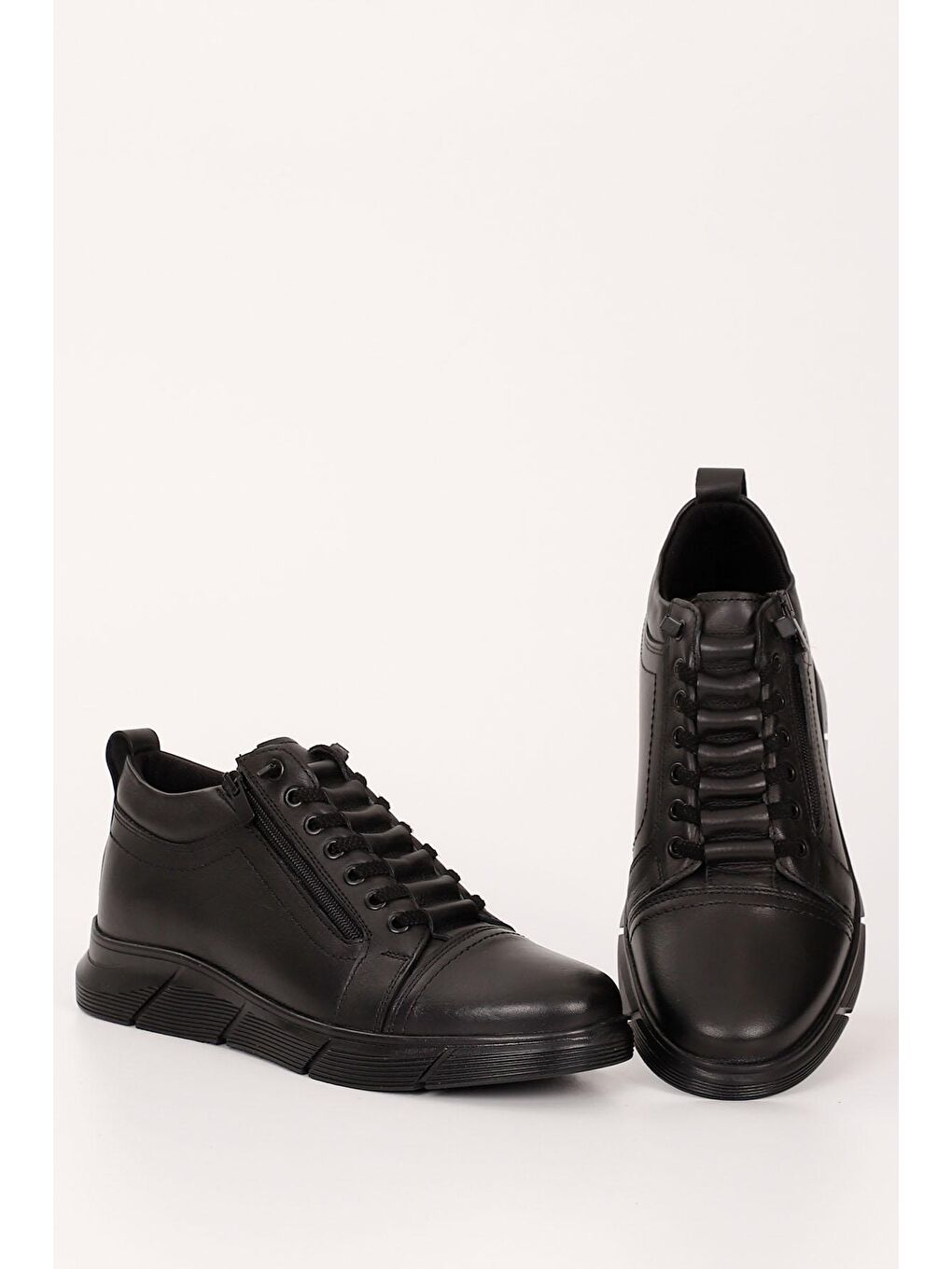 Siyah SİYAH  Hakiki Deri Yuvarlak Burun Kauçuk Taban Bağcıklı Fermuarlı Günlük Erkek Bot 01330