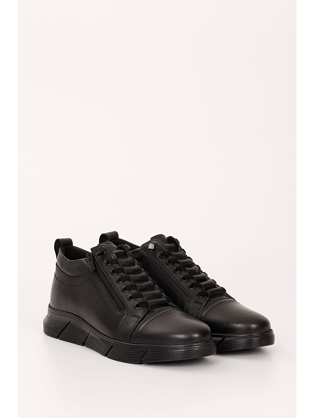 Siyah SİYAH  Hakiki Deri Yuvarlak Burun Kauçuk Taban Bağcıklı Fermuarlı Günlük Erkek Bot 01330-1