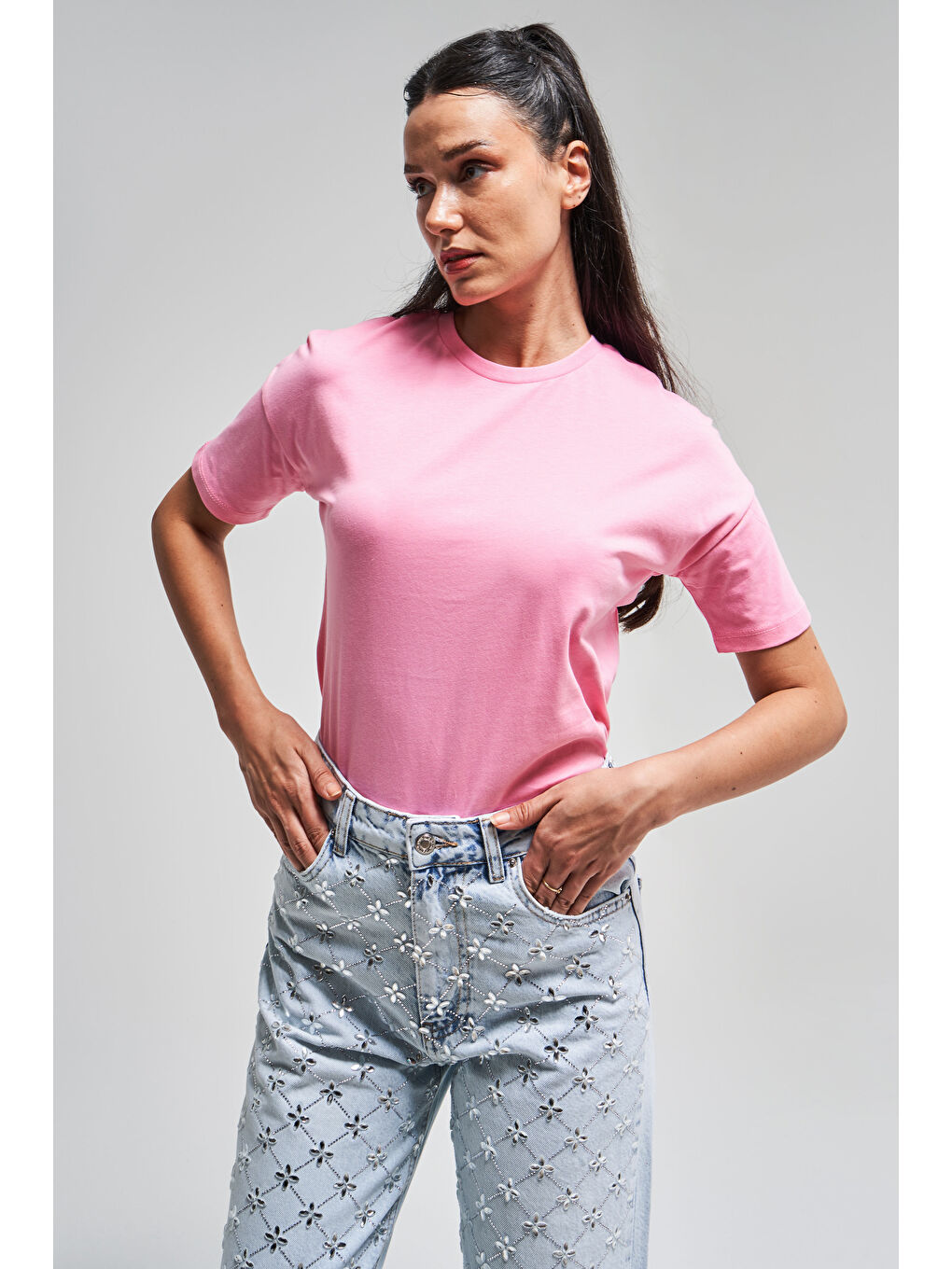 Kadın Pembe Renk S5-115 Bisiklet Yaka Basic T-Shirt-3