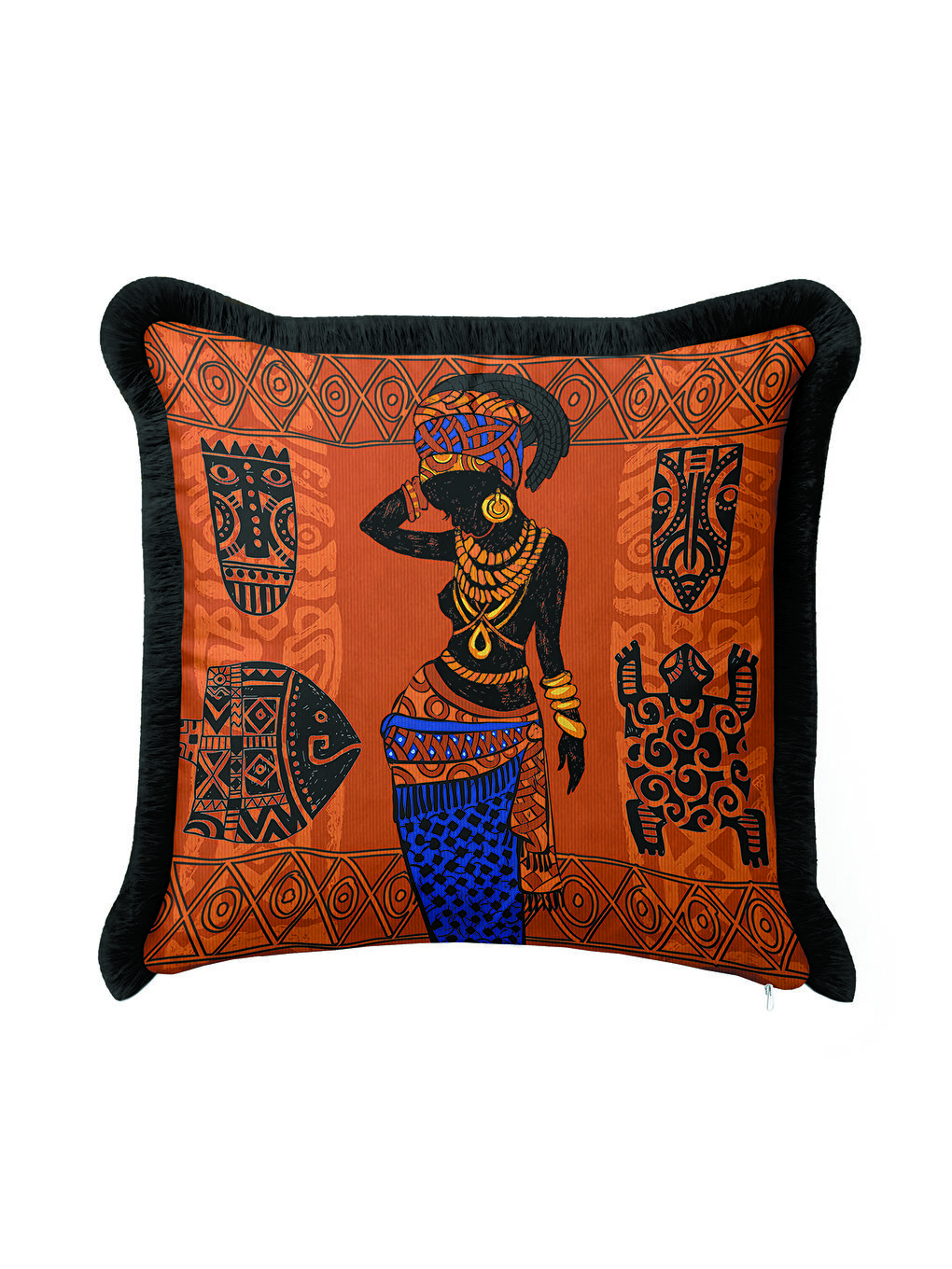Karışık Etnik Motifli Saçaklı Yastık Kılıfı - Afrika Stili Bohem Turuncu Siyah Püsküllü Kırlent Kılıfı-0