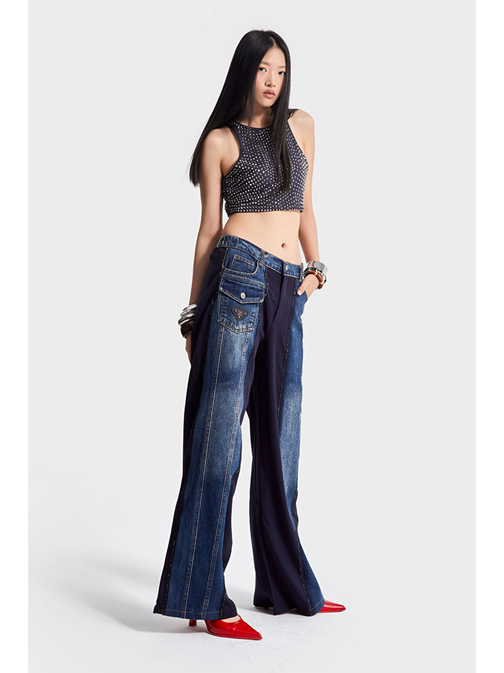 Kadın Mavi Renk Çift Parça Kumaş Bol Kesim Özel Tasarım Denim Jean