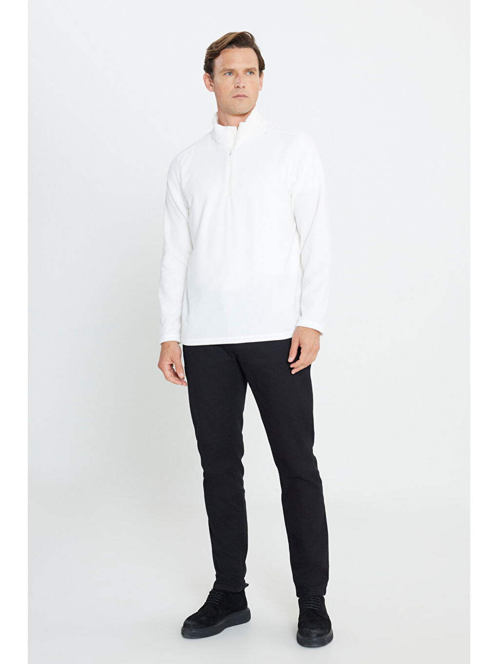 Erkek Beyaz Anti-Pilling Tüylenme Yapmayan Standart Fit Dik Yaka Polar Sweatshirt-3