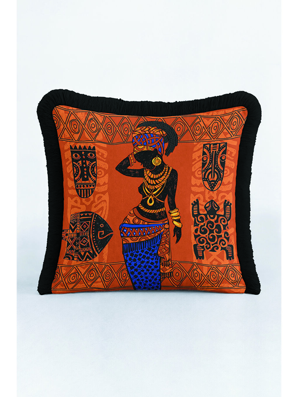 Karışık Etnik Motifli Saçaklı Yastık Kılıfı - Afrika Stili Bohem Turuncu Siyah Püsküllü Kırlent Kılıfı-1