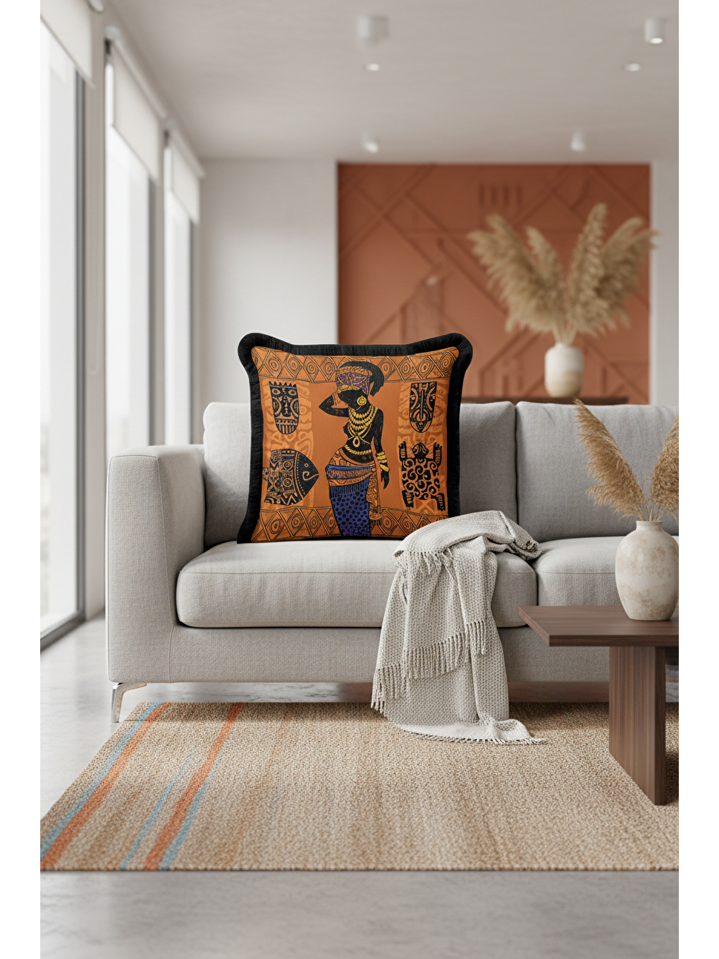 Karışık Etnik Motifli Saçaklı Yastık Kılıfı - Afrika Stili Bohem Turuncu Siyah Püsküllü Kırlent Kılıfı-2