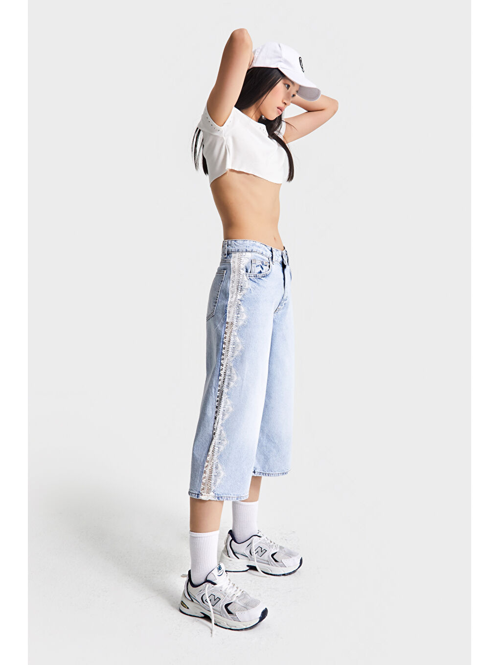 Mavi Kadın Ice Jean Rengi 4s5-3 Maxi Boy Şerit Dantel Detaylı %100 Pamuk Tasarım Uzun Bermuda Şort-2