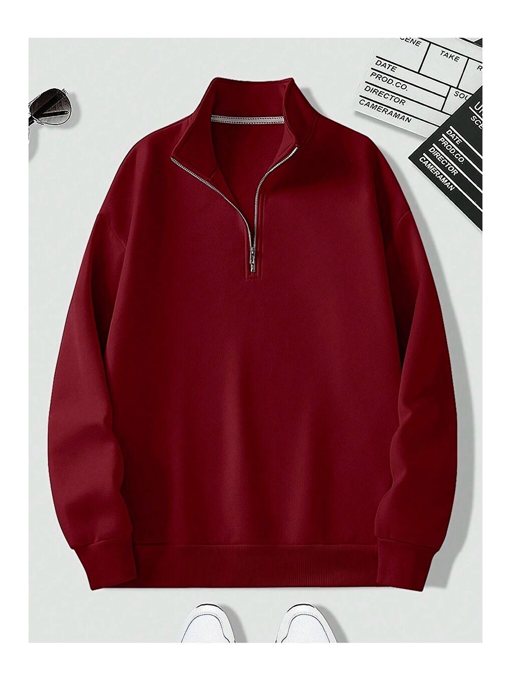 Kadın 3 İplik Bordo Metal Fermuarlı Dik Yaka Oversize Sweatshirt