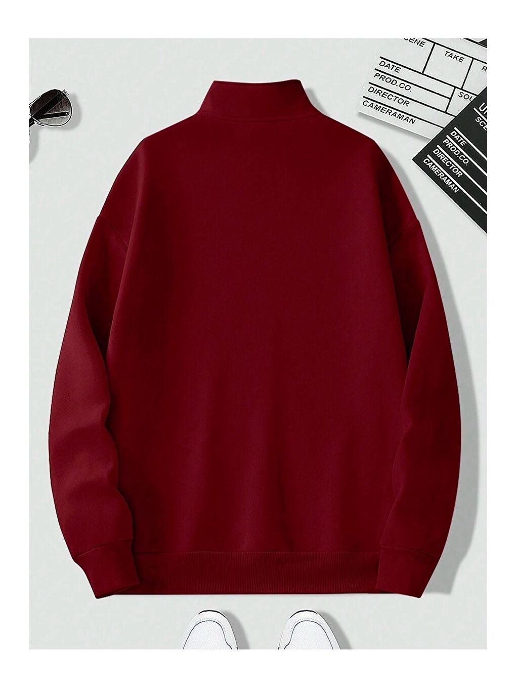 Kadın 3 İplik Bordo Metal Fermuarlı Dik Yaka Oversize Sweatshirt-1