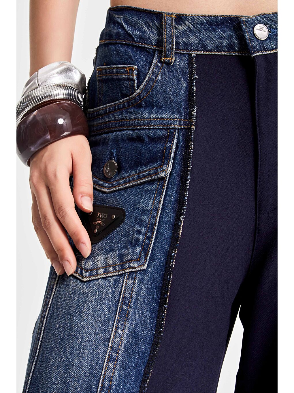 Kadın Mavi Renk Çift Parça Kumaş Bol Kesim Özel Tasarım Denim Jean-2