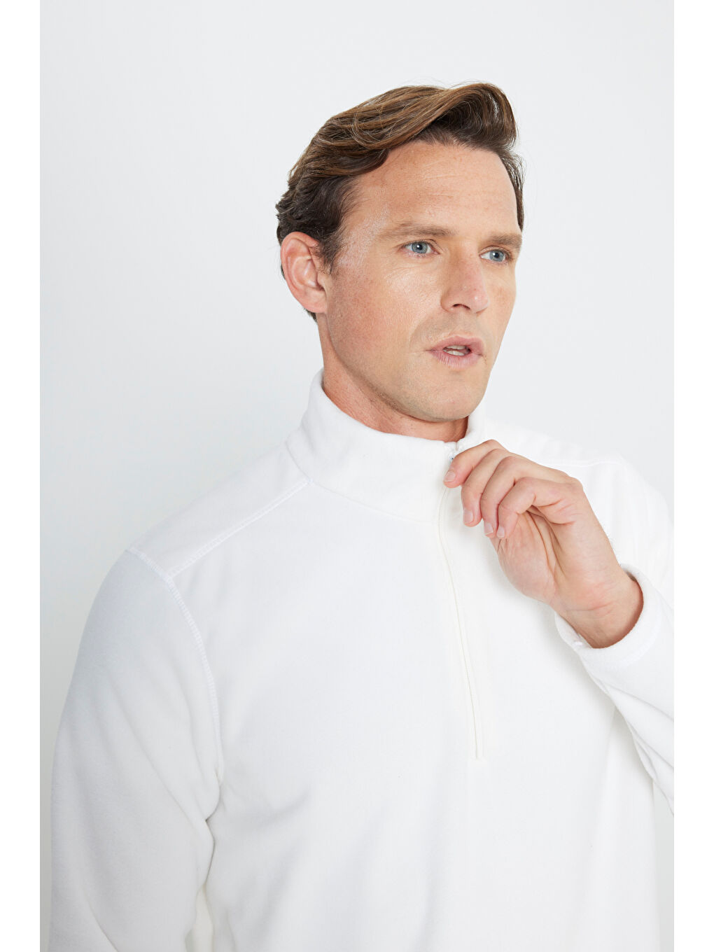 Erkek Beyaz Anti-Pilling Tüylenme Yapmayan Standart Fit Dik Yaka Polar Sweatshirt-5