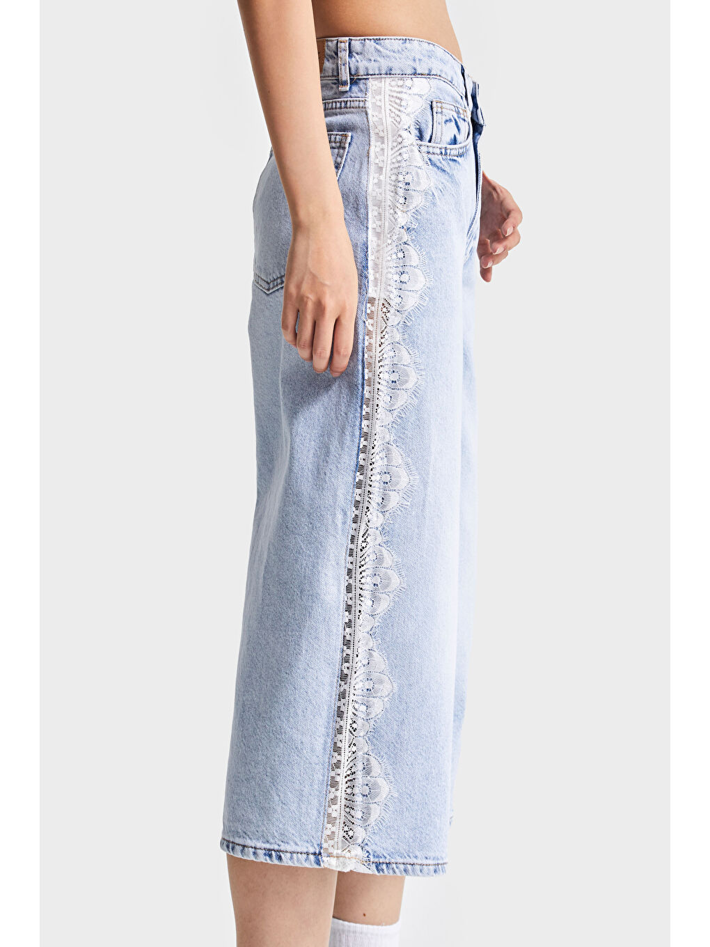 Mavi Kadın Ice Jean Rengi 4s5-3 Maxi Boy Şerit Dantel Detaylı %100 Pamuk Tasarım Uzun Bermuda Şort-5