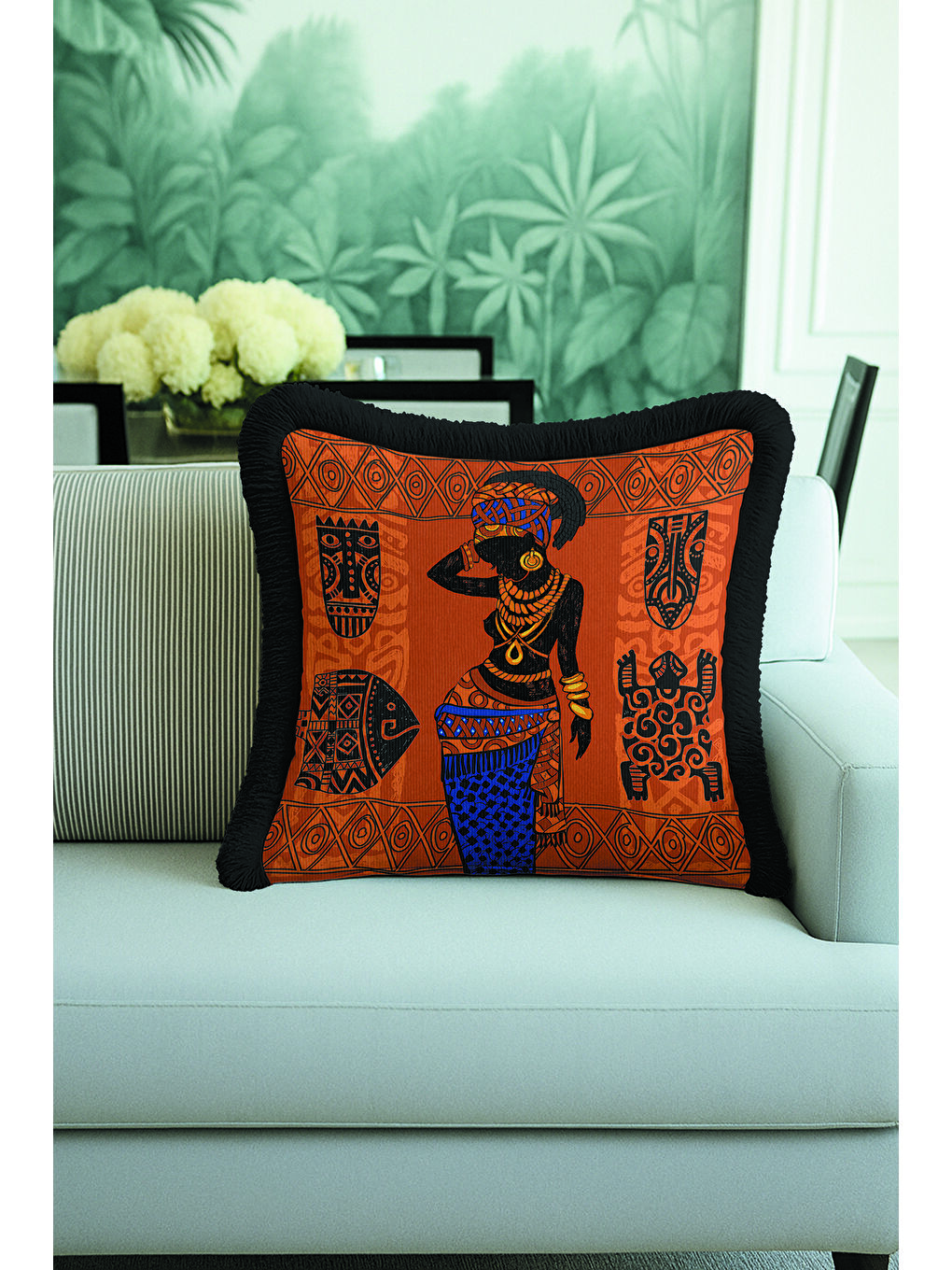 Karışık Etnik Motifli Saçaklı Yastık Kılıfı - Afrika Stili Bohem Turuncu Siyah Püsküllü Kırlent Kılıfı-3