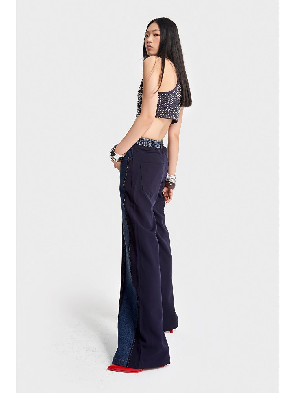 Kadın Mavi Renk Çift Parça Kumaş Bol Kesim Özel Tasarım Denim Jean-4